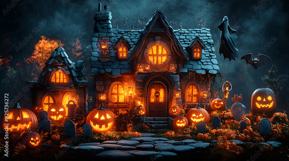 Spooky Halloween elements including a haunted house, graves, and funny ghosts, illustrated in colorful 3D cartoon style. Spooky Halloween elements including a haunted house, graves, and funny ghosts, illustrated in colorful 3D cartoon style.