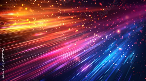 Abstract background with bright colorful lines and glowing particles.