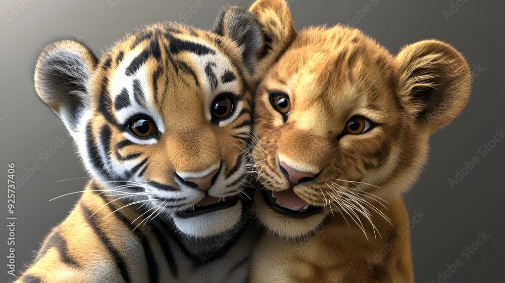 Fierce Yet Adorable 3D Rendered Photo of Baby Tiger and Lion Cub Selfie Fierce Yet Adorable 3D Rendered Photo of Baby Tiger and Lion Cub Selfie