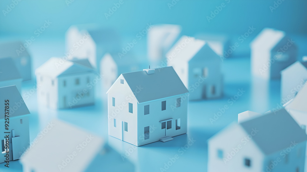 Real estate idea with homes for sale. searching for real estate, houses for sale, loans, and transactions. Simple models against a blue background - Generative AI Real estate idea with homes for sale. searching for real estate, houses for sale, loans, and transactions. Simple models against a blue background - Generative AI