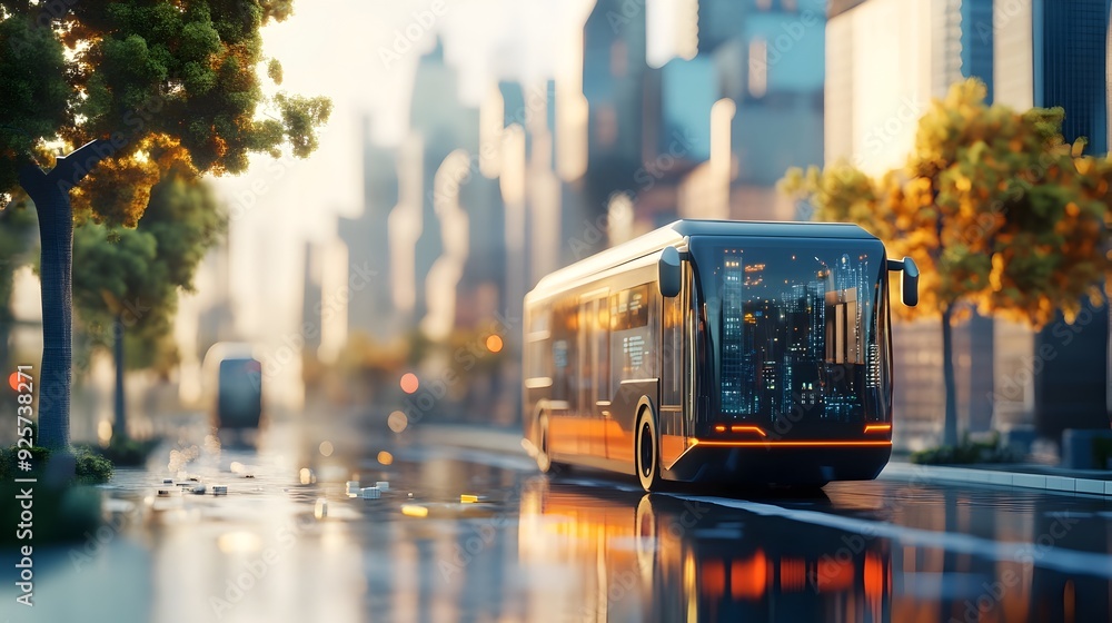 Obraz premium Modern Electric Bus Traveling Through Futuristic Cityscape