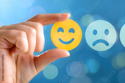 Hand touching happy face symbol on blue background with other smiley faces and frowns for customer service experience.