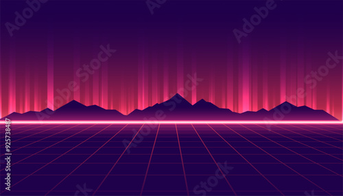 glowing 80s retro sci-fi geometric background with mountain design