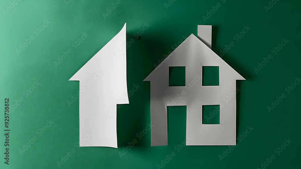two halves of the house made of white paper on a green background. the concept of property, the real estate market.