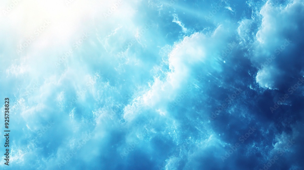 Fototapeta premium Celestial Dreamscape: A breathtaking vista of fluffy clouds, bathed in the ethereal glow of a radiant sun, evokes a sense of wonder and tranquility. 