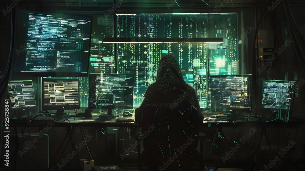 Undead hacker plots in a lair of flickering screens and code Undead hacker plots in a lair of flickering screens and code