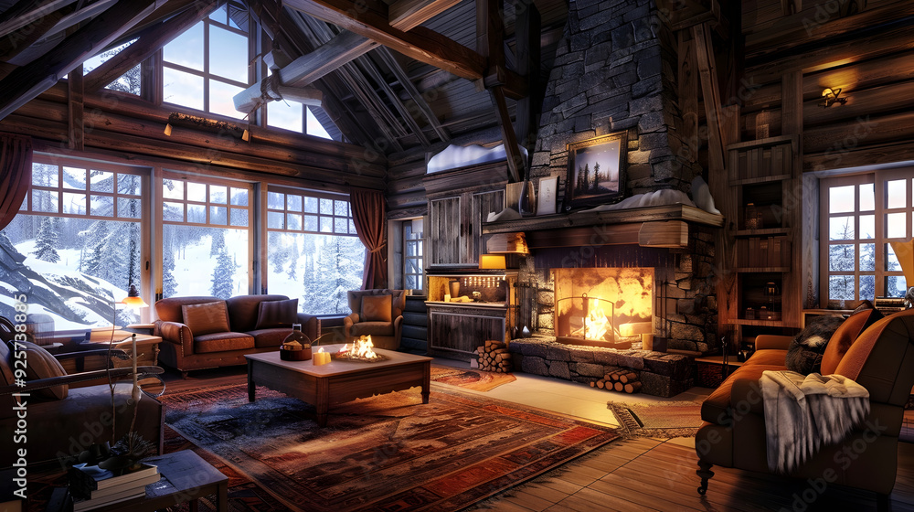 Warm and cozy cabin interior with a roaring fireplace plush armchairs and rustic wooden decor offering a perfect mountain retreat Warm and cozy cabin interior with a roaring fireplace plush armchairs and rustic wooden decor offering a perfect mountain retreat