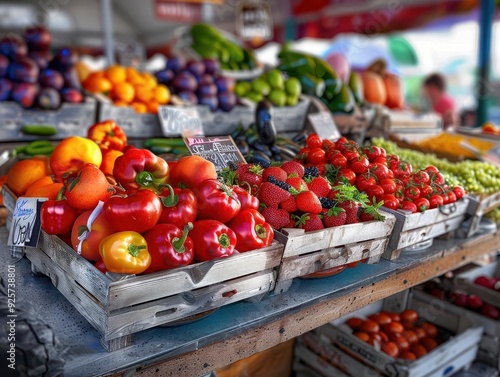 Healthy produce displayed at a vibrant market booth, emphasizing freshness and variety, Vintage, Watercolor, Detailed