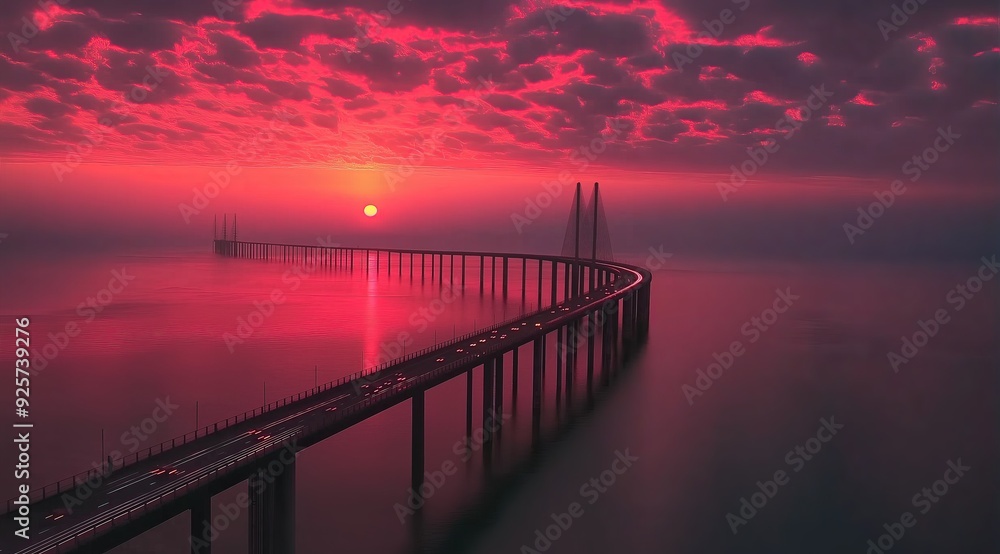 The outline of the Bridge, winding through sea and sky, is illuminated by soft pink light at dusk The outline of the Bridge, winding through sea and sky, is illuminated by soft pink light at dusk
