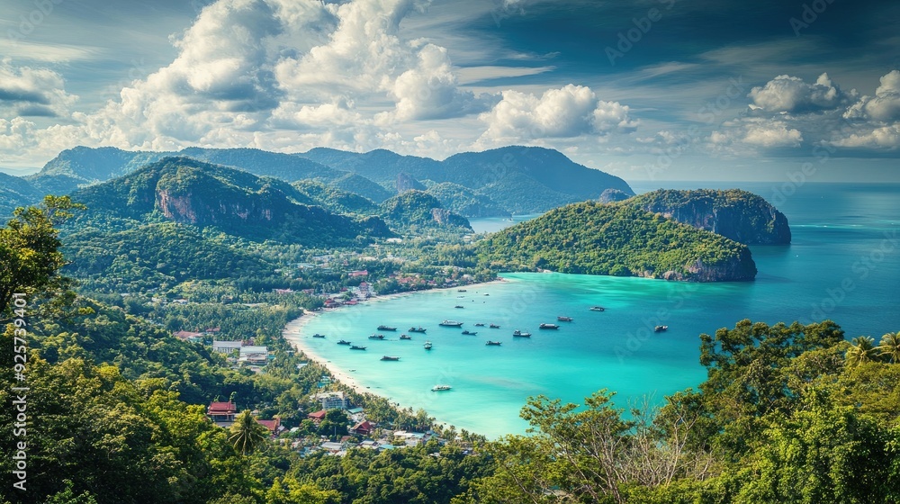 Fototapeta premium A breathtaking view of the ocean and mountains with picturesque Thai islands in the background. Ideal for travelers seeking adventure in Phuket.