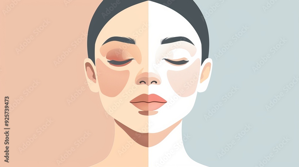 Illustration of a woman's face divided into warm and cool tones, highlighting skin tones and makeup. Concept of beauty and diversity. Illustration of a woman's face divided into warm and cool tones, highlighting skin tones and makeup. Concept of beauty and diversity.