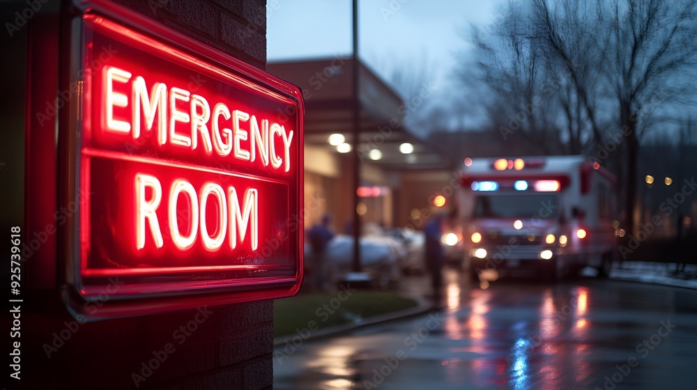 Sign that reads “EMERGENCY ROOM” with blurred background of a hospital ...