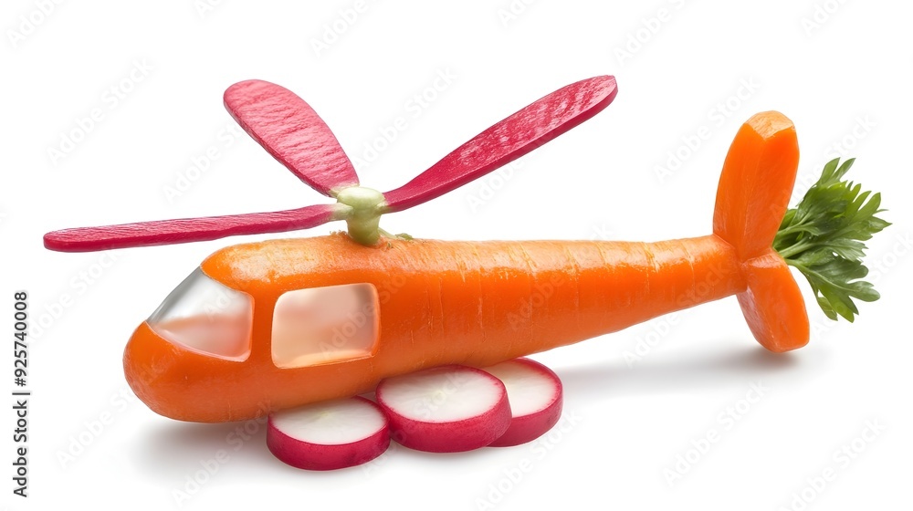 Whimsical Carrot Helicopter with Radish Propeller on White Background Whimsical Carrot Helicopter with Radish Propeller on White Background