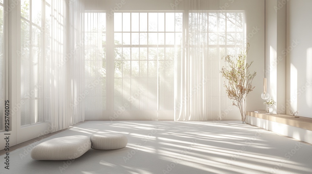 A bright, airy room with large windows that allow natural light to pour in, creating a serene and inviting atmosphere. A bright, airy room with large windows that allow natural light to pour in, creating a serene and inviting atmosphere.