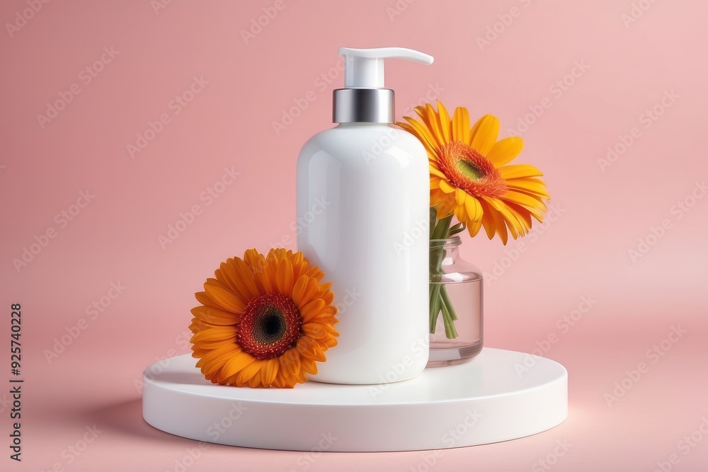 White Pump Bottle with Flowers on a Platform White Pump Bottle with Flowers on a Platform