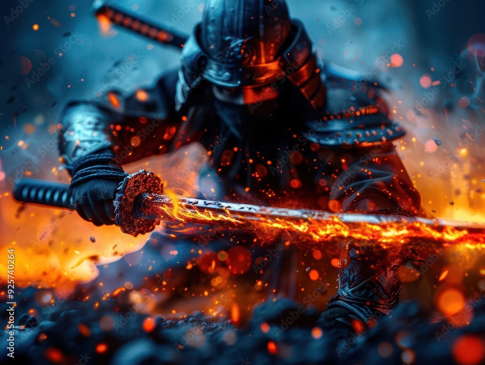 Fototapeta premium Legendary fighter in a dynamic battle scene, intense action and dramatic background, creating a heroic atmosphere, Fantasy, 3D render, Highaction