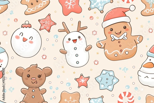 A cute, kawaii style illustration featuring adorable holiday characters like chibi reindeer, snowmen, and gingerbread cookies in pastel colors photo