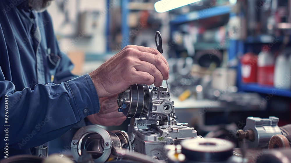 Repairman Working on Automatic Transmission at Car-Care Center, Disassembling Hydroblock with Horn Key, Detailed Tools and Components Repairman Working on Automatic Transmission at Car-Care Center, Disassembling Hydroblock with Horn Key, Detailed Tools and Components