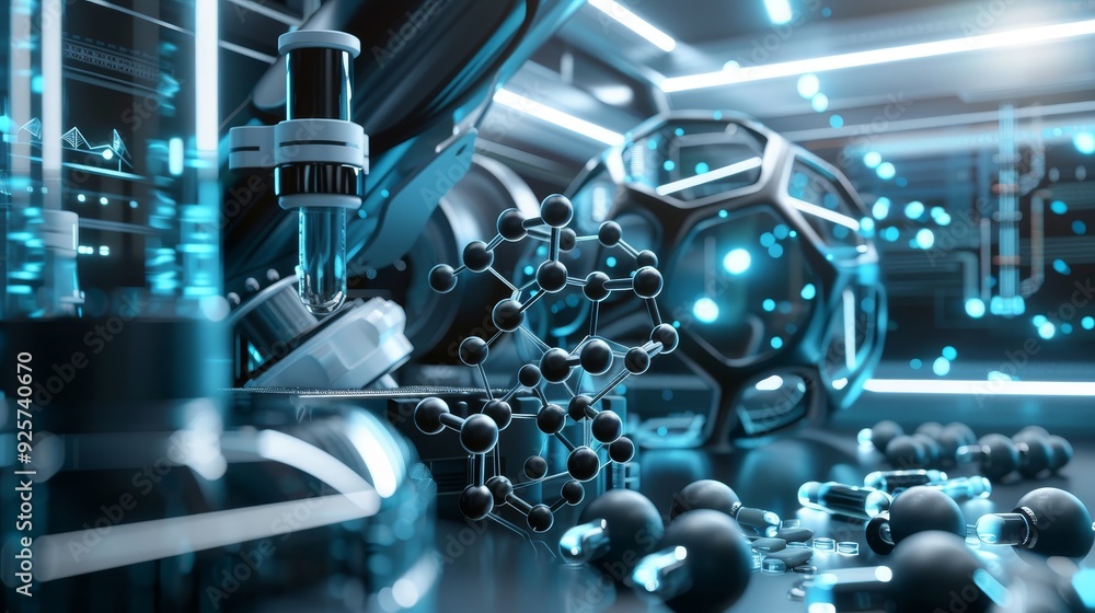 Futuristic laboratory with advanced technology, molecular structures, and digital interface, representing scientific innovation and research. Futuristic laboratory with advanced technology, molecular structures, and digital interface, representing scientific innovation and research.