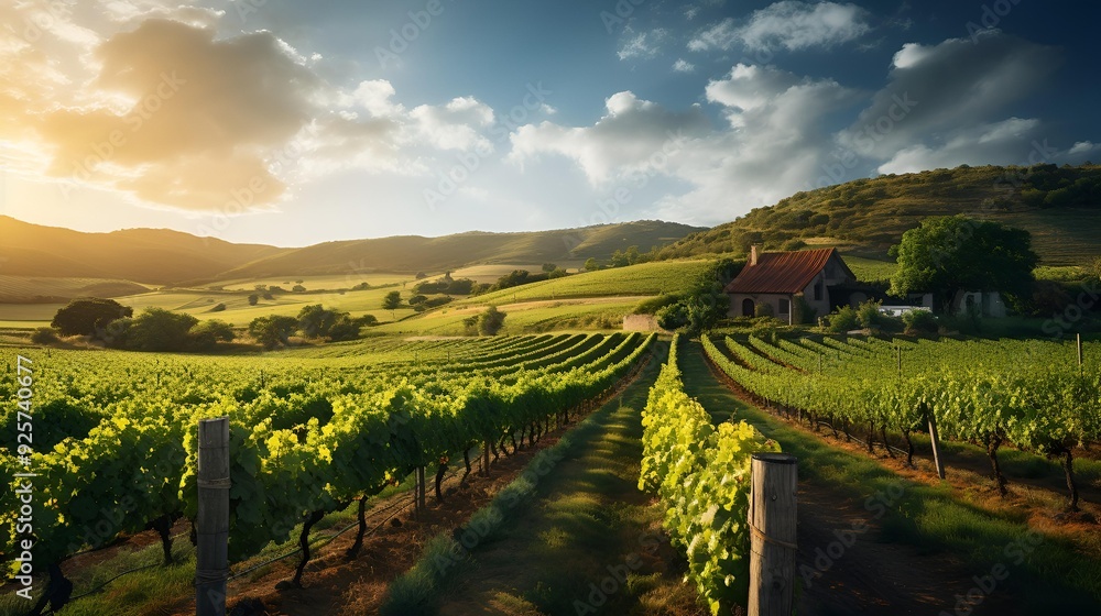 Naklejka premium a field of green plants and a house. 