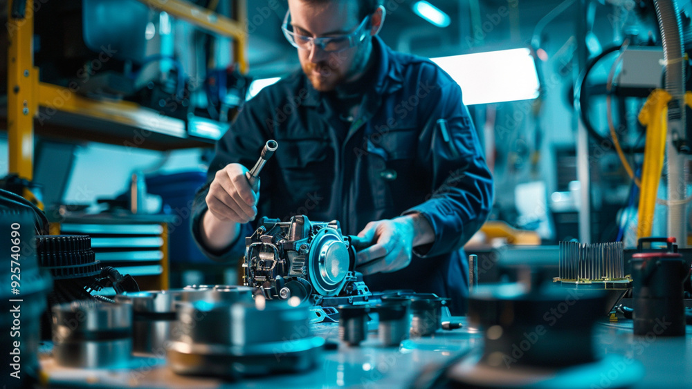 Repairman Working on Automatic Transmission at Car-Care Center, Disassembling Hydroblock with Horn Key, Detailed Tools and Components Repairman Working on Automatic Transmission at Car-Care Center, Disassembling Hydroblock with Horn Key, Detailed Tools and Components