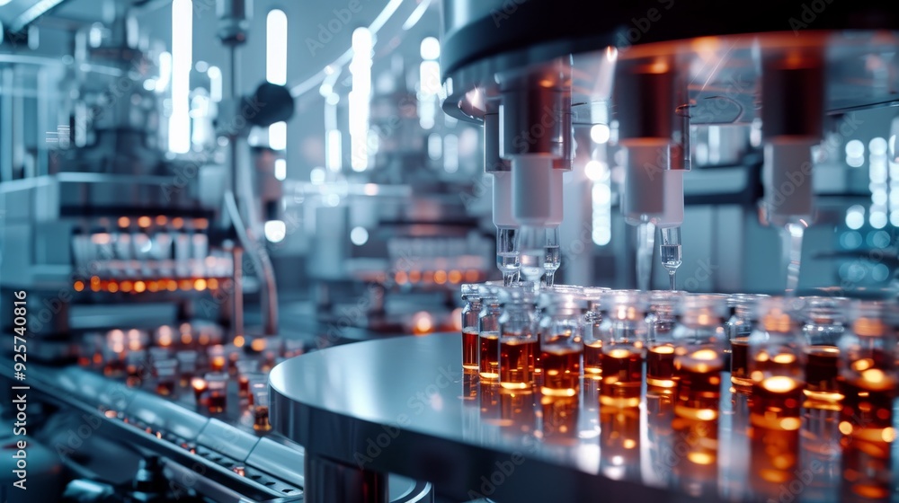 Close-up of an automated pharmaceutical production line with glass vials being filled with liquid medicine in a modern factory setting. Close-up of an automated pharmaceutical production line with glass vials being filled with liquid medicine in a modern factory setting.