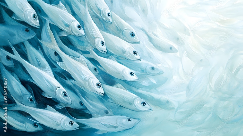 Luminous watercolor of a shoal of fish tightly circling a pier, capturing the ethereal beauty of underwater life with gentle light refractions Luminous watercolor of a shoal of fish tightly circling a pier, capturing the ethereal beauty of underwater life with gentle light refractions