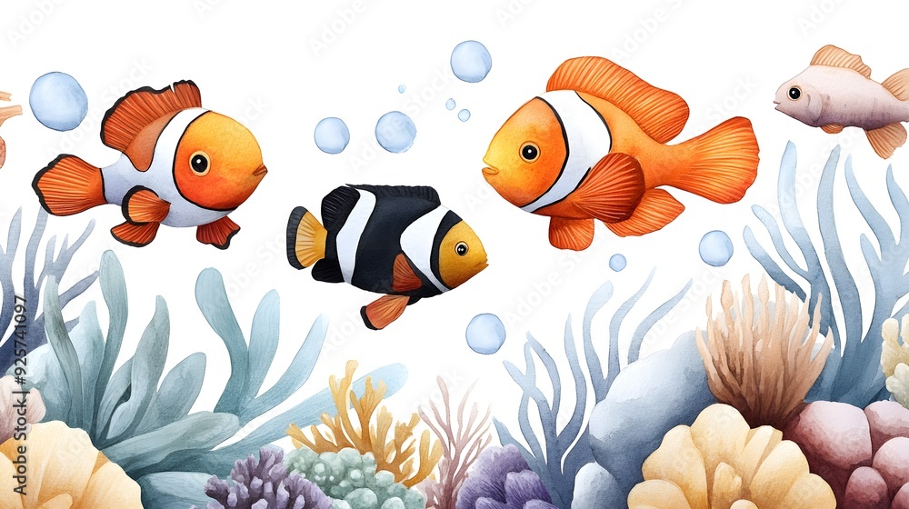 Naklejka premium Playful reef fish swimming in harmony among lively coral structures, watercolor art with bright accents and a joyful underwater vibe