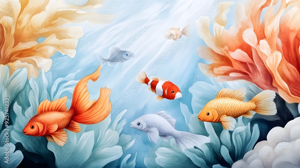 An enchanting scene of schools of fish weaving through a lush coral reef, painted in dreamy watercolor hues An enchanting scene of schools of fish weaving through a lush coral reef, painted in dreamy watercolor hues