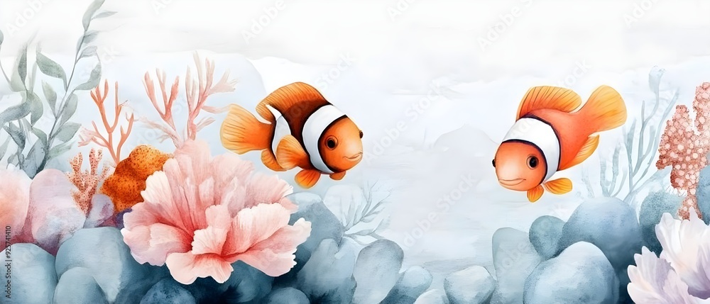 An underwater paradise with a dense array of tropical fish and vibrant coral, painted in a gentle watercolor style, Subtle hues and intricate details An underwater paradise with a dense array of tropical fish and vibrant coral, painted in a gentle watercolor style, Subtle hues and intricate details