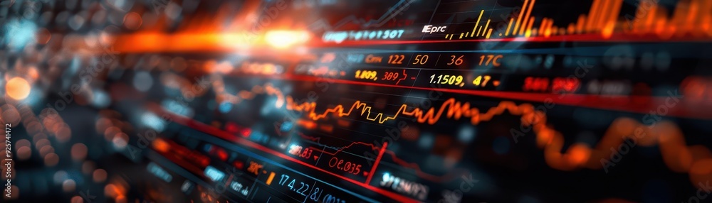 Stock ticker display in a hightech trading floor, with dynamic graphs and data, creating a sense of financial activity, Futuristic, Digital, Sharp focus Stock ticker display in a hightech trading floor, with dynamic graphs and data, creating a sense of financial activity, Futuristic, Digital, Sharp focus