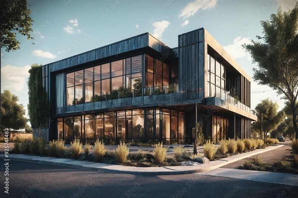 Obraz premium Modern Building with Glass Facade and Greenery