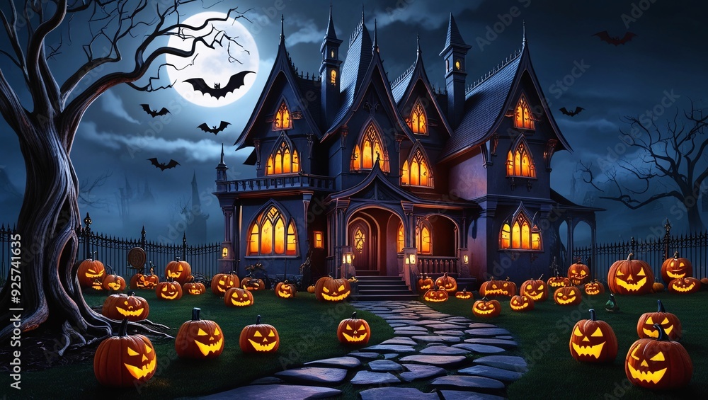 Happy Halloween Party House Design Pumpkin Moon and Bat Filled Sky Happy Halloween Party House Design Pumpkin Moon and Bat Filled Sky