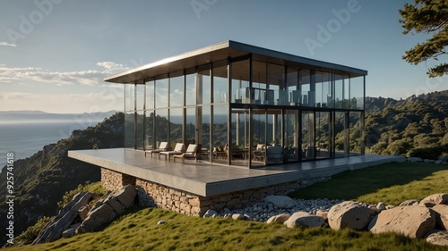 a modern glass house perched on a cliffside in the mountains