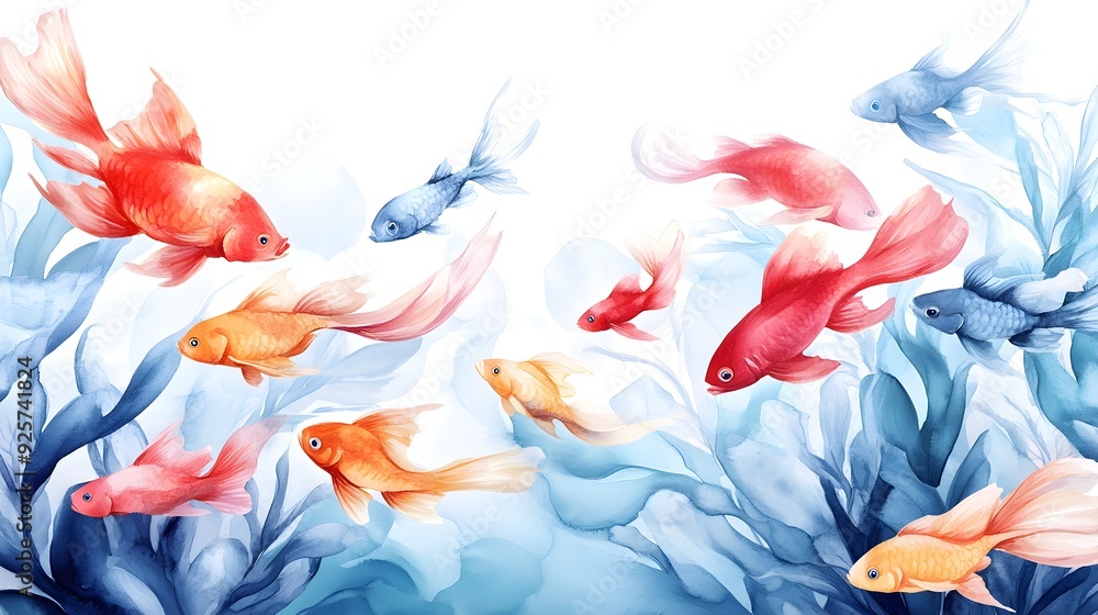 Fototapeta premium An enchanting scene of schools of fish weaving through a lush coral reef, painted in dreamy watercolor hues