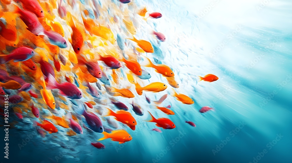 Fototapeta premium A vibrant shoal of colorful fish gliding over a coral reef, creating a mesmerizing underwater dance in a watercolor oil painting style