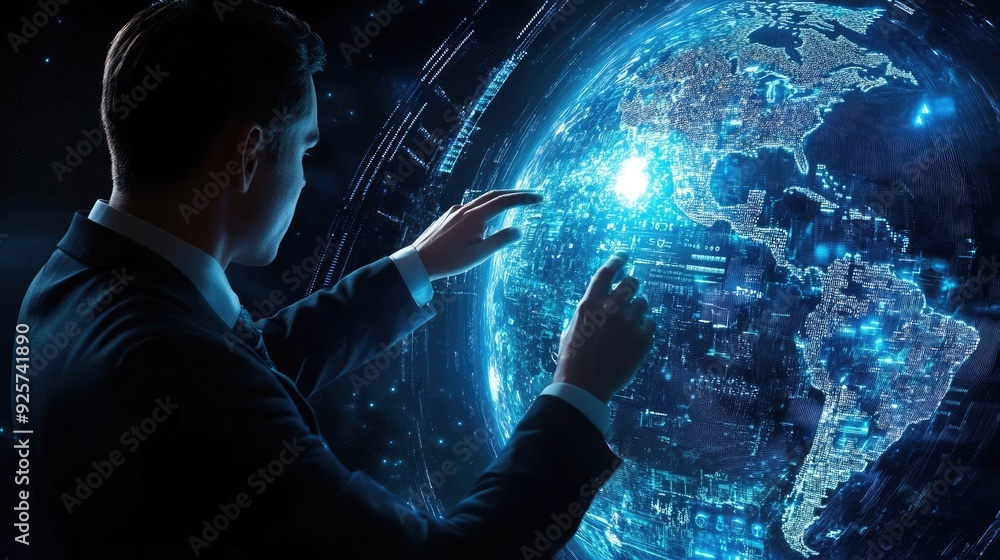A businessman analyzing global business trends on a digital interface. A businessman analyzing global business trends on a digital interface.