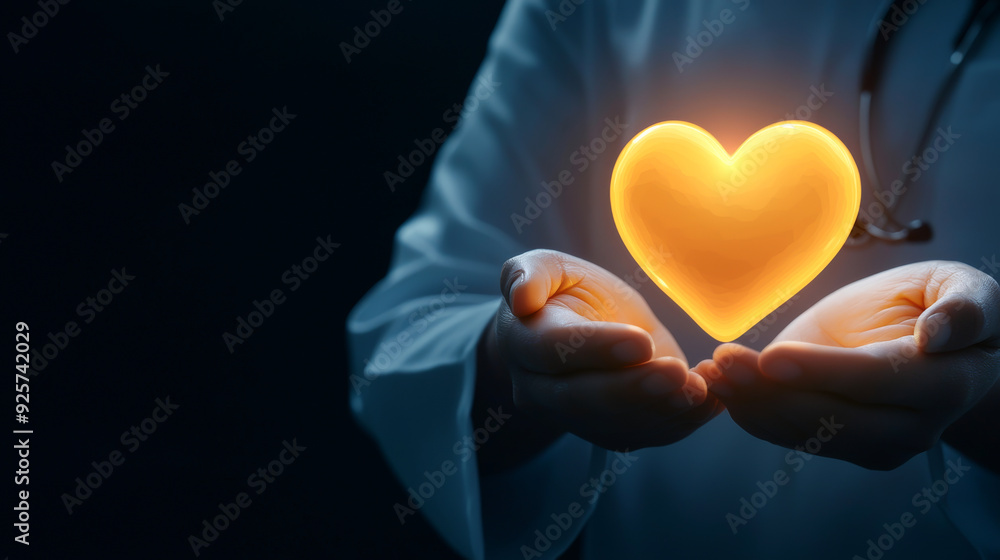 A doctor holds a glowing heart symbol, representing care, compassion, and the essence of healing in a healthcare setting. A doctor holds a glowing heart symbol, representing care, compassion, and the essence of healing in a healthcare setting.