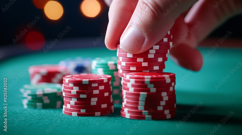 A focused hand stacking red casino chips on a green felt table, symbolizing tension and strategy in a poker game. A focused hand stacking red casino chips on a green felt table, symbolizing tension and strategy in a poker game.