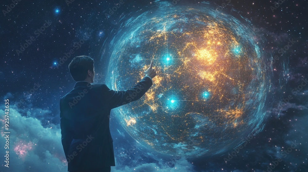 A businessman pointing at a digital globe with glowing business opportunities A businessman pointing at a digital globe with glowing business opportunities