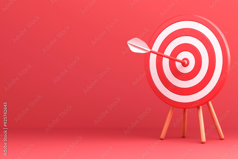 A red and white target with an arrow hitting the center, symbolizing goals, success, and achievement in a minimalist setting. A red and white target with an arrow hitting the center, symbolizing goals, success, and achievement in a minimalist setting.