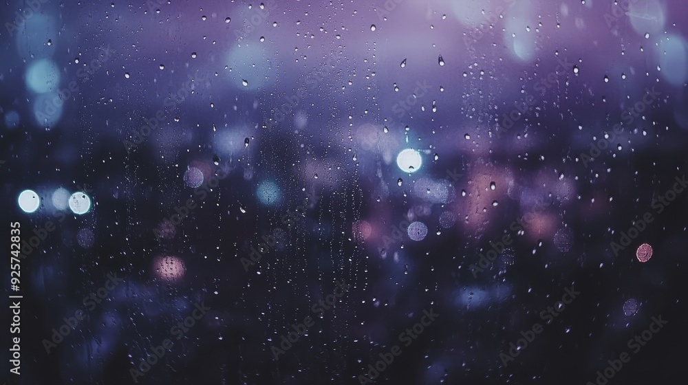 Fototapeta premium Stormy Rainy Night Outside Hotel Window with Focus on Raindrops, Lightning in Dark Sky, Blurry Moonlit Cyber City View, and Dark Purple Hues in Final Fantasy Style