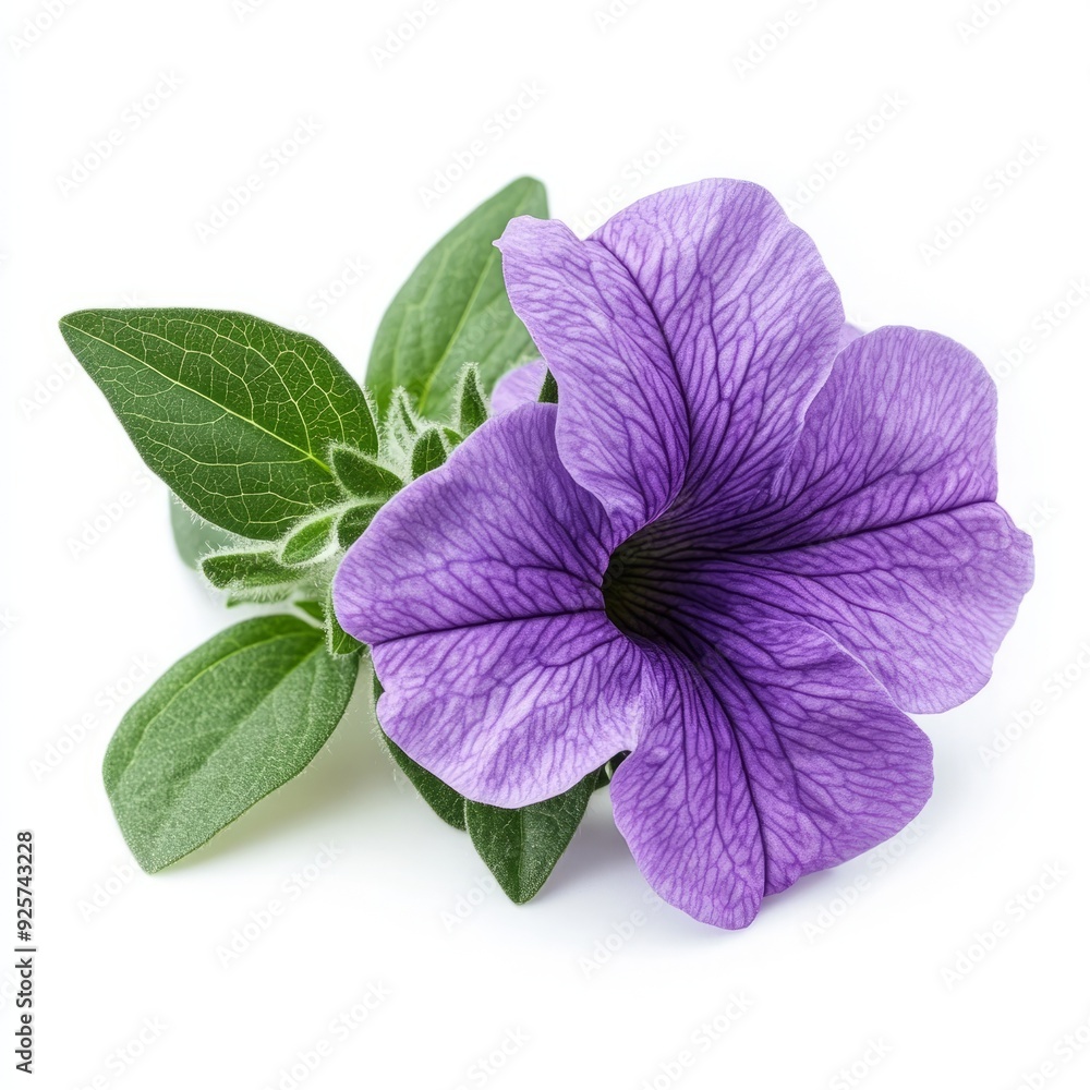 Close up of purple flower of petunia and leaves on an isolated white background Close up of purple flower of petunia and leaves on an isolated white background