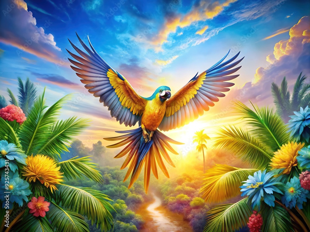 Obraz premium Unleashing Wings: Creative, Inspiring, Ascending, Tropical Hues, Freedom