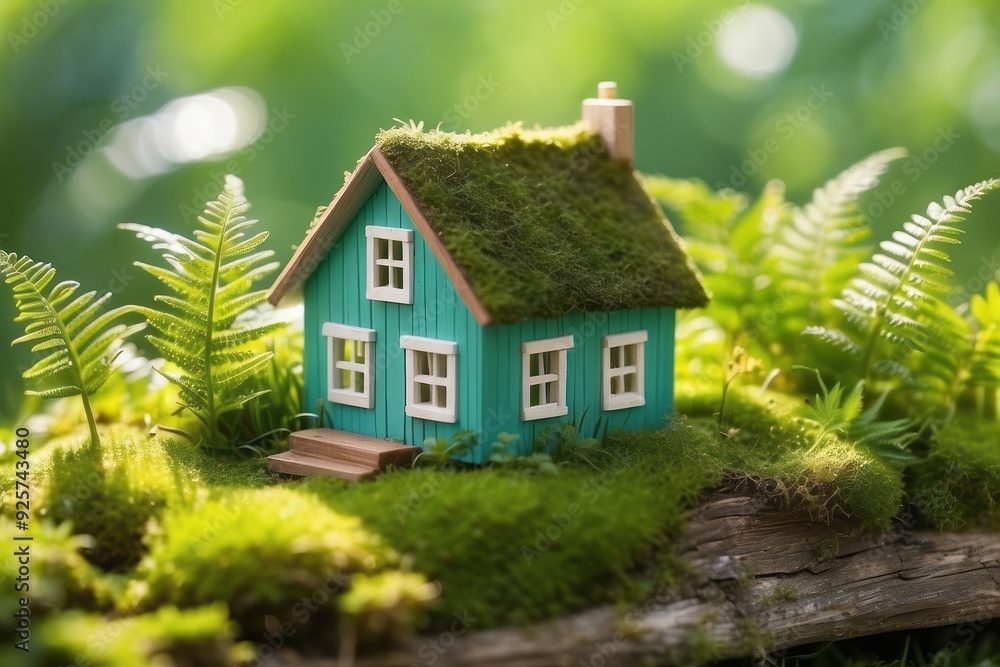 Miniature Green House with Moss Roof on Mossy Ground Miniature Green House with Moss Roof on Mossy Ground