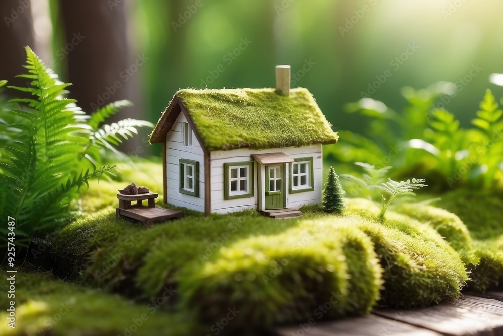 Miniature White House with Green Moss Roof in a Lush Forest Setting Miniature White House with Green Moss Roof in a Lush Forest Setting