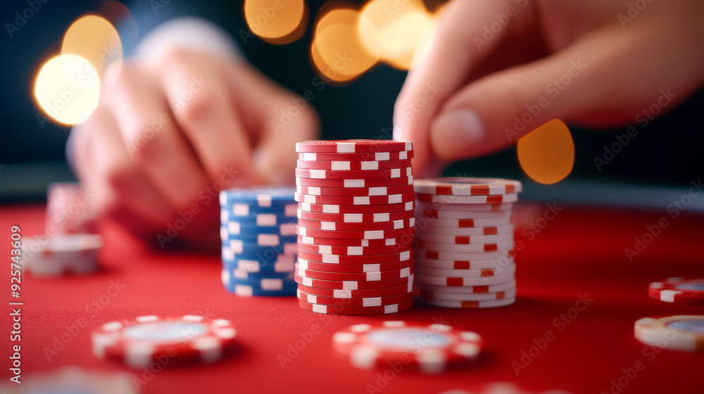 Close-up of poker chips on a gaming table, showcasing red, blue, and white colors, perfect for gambling and casino themes. Close-up of poker chips on a gaming table, showcasing red, blue, and white colors, perfect for gambling and casino themes.