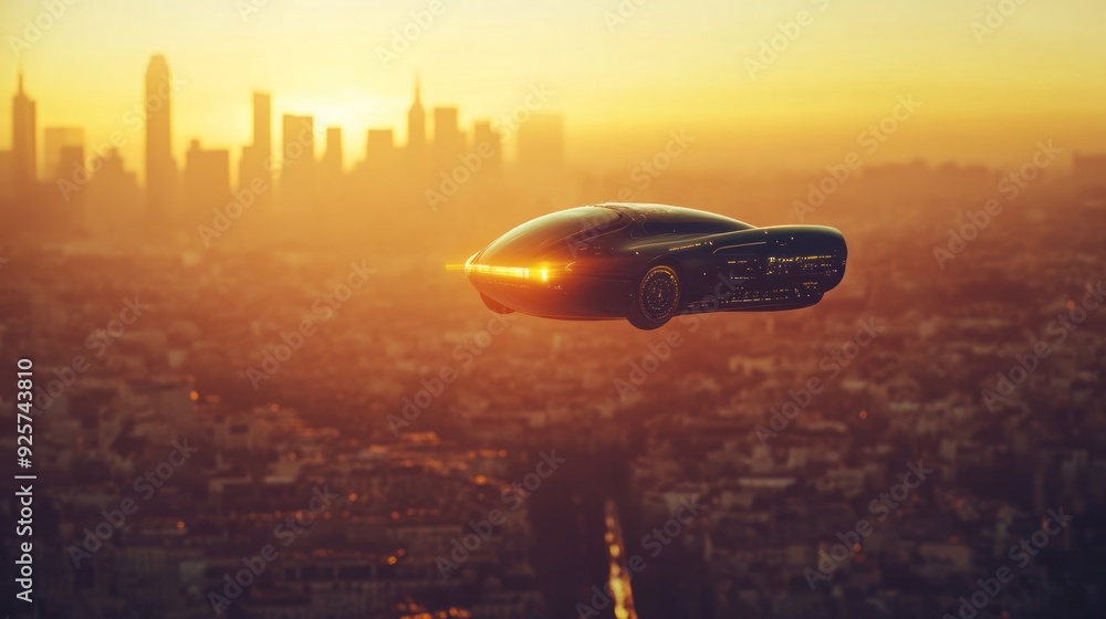 Naklejka premium Futuristic Flying Car at Sunset over a City Skyline