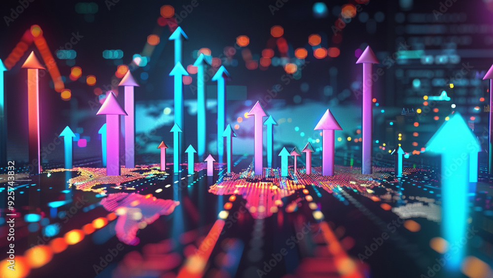 3D Rendering of Growing Upward Arrows and World Map on Dark Background, Forex Charts Showing Rising Trends with Vibrant Lighting Representing Global Market Growth 3D Rendering of Growing Upward Arrows and World Map on Dark Background, Forex Charts Showing Rising Trends with Vibrant Lighting Representing Global Market Growth