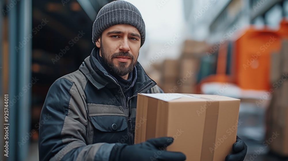 The courier is verifying the package for delivery. The courier is verifying the package for delivery.